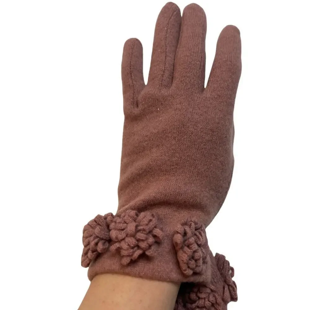 Mauve Knit Gloves With Floral Details Size S/M
